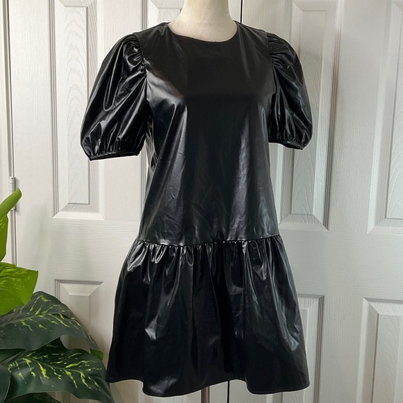 English Factory - NEW Puff Sleeve Faux Leather Mini Dress Size S - Picture 2 of 15